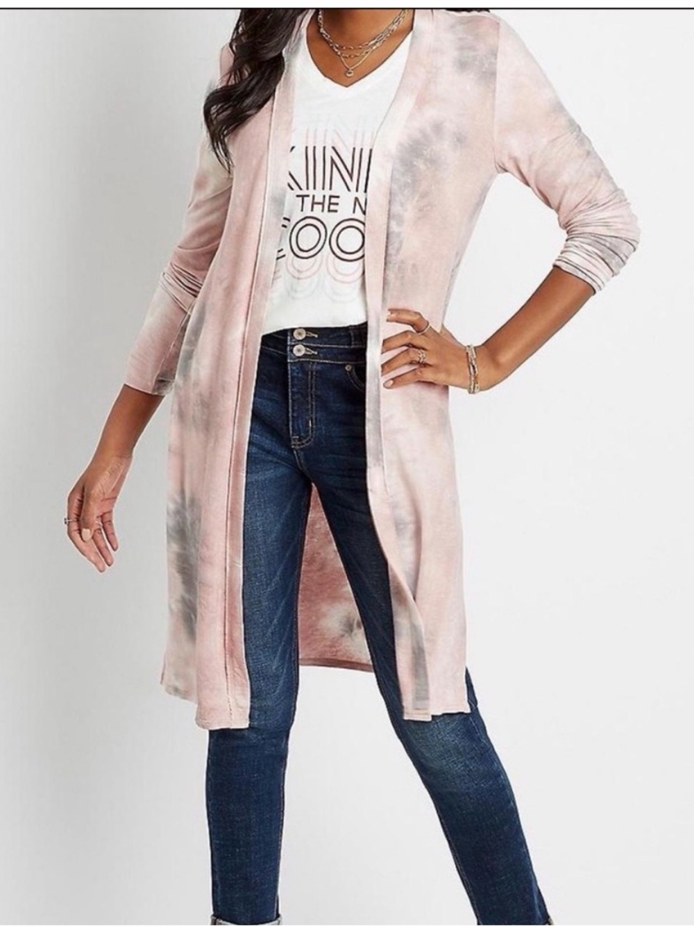 Maurices Pink Tie-Dye Long Open Cardigan